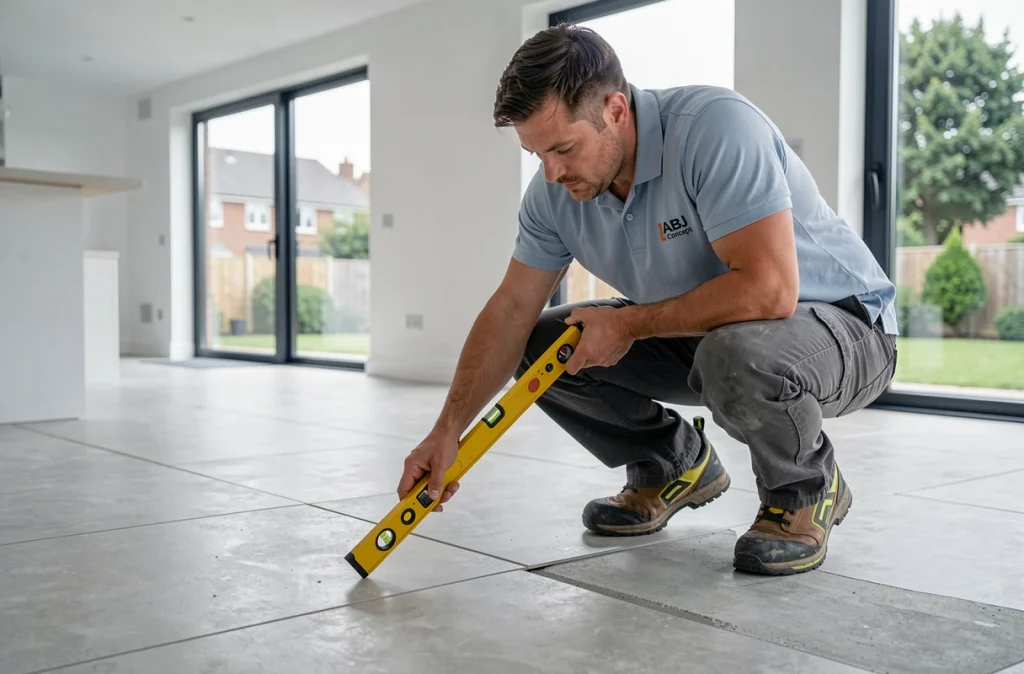 Spécialiste d'ABJ Concept inspectant la pose de carrelage dans un espace de vie contemporain rénové