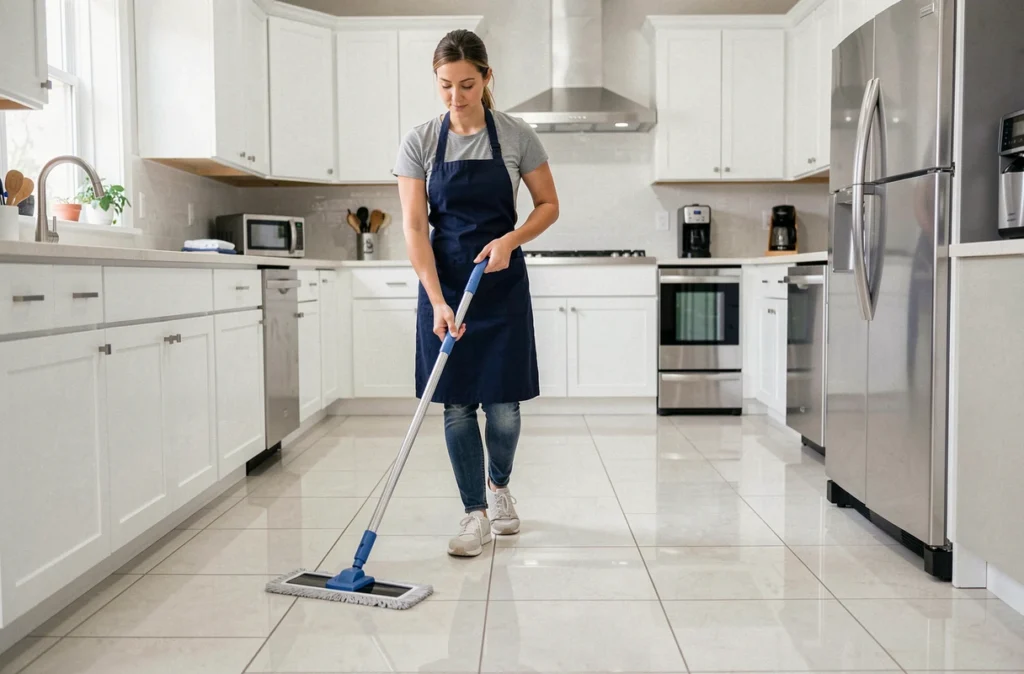Aide ménagère professionnelle en train de nettoyer le sol d'une cuisine moderne