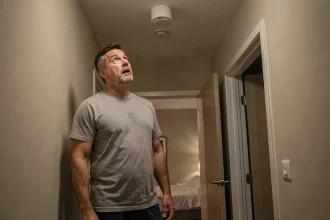 Homme réveillé la nuit par une alarme incendie qui sonne sans raison dans son couloir d'appartement