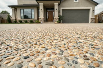 Allée en béton désactivé avec gravillons apparents devant une maison moderne