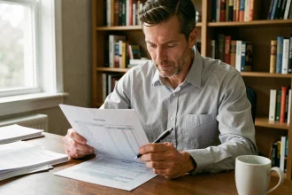 Homme analysant un devis de travaux à son bureau avec un stylo, identifiant les lignes cachées d'un document imprimé