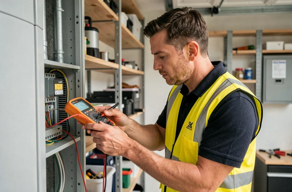 Électricien d'Antelec testant les connexions électriques d'une pompe à chaleur