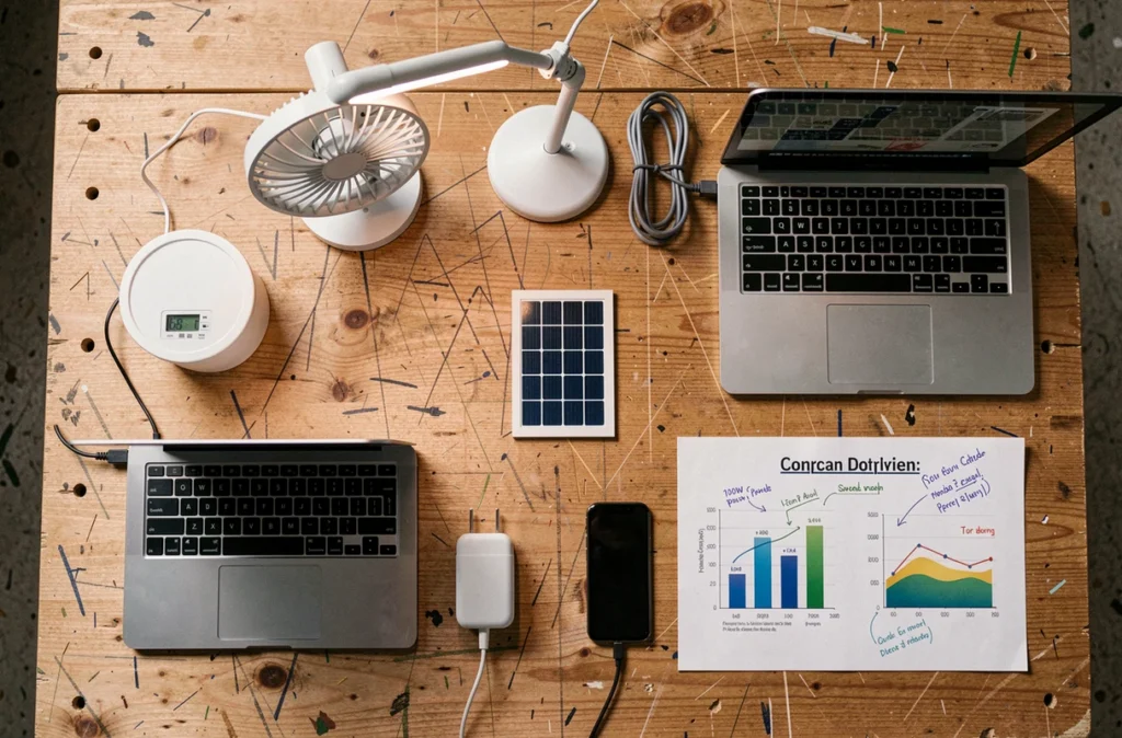 Vue de dessus des appareils alimentés par un panneau solaire 1000W avec tableau de consommation énergétique