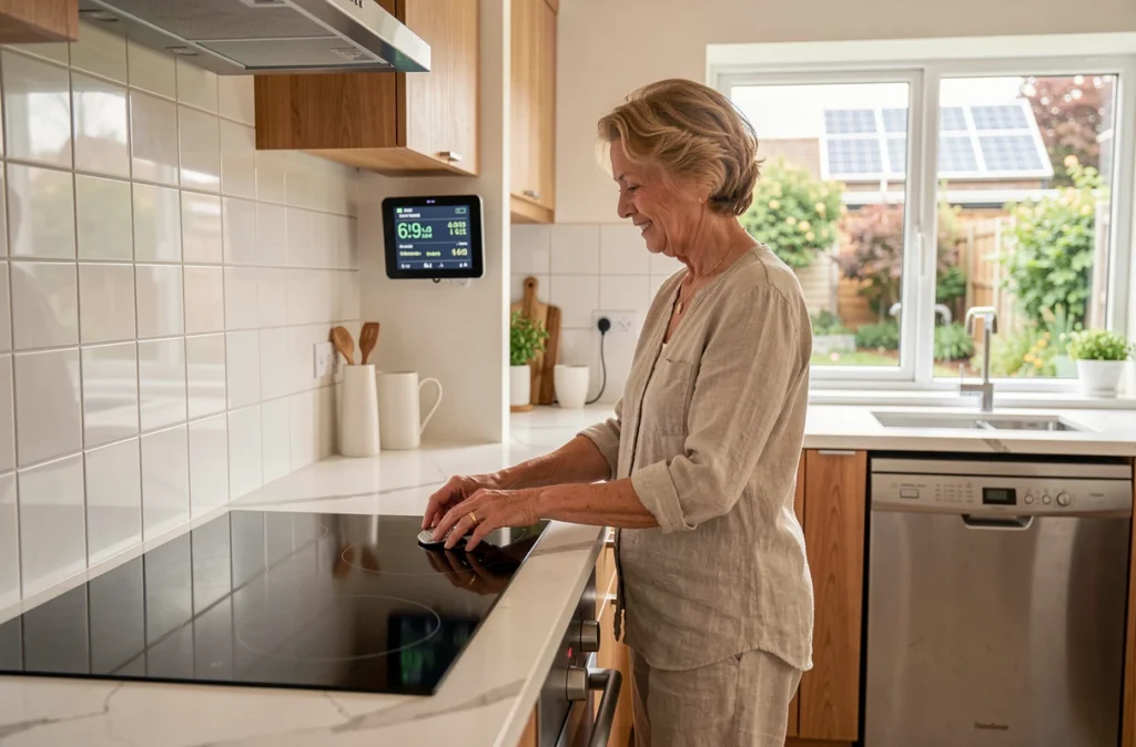 Femme utilisant des appareils électroménagers alimentés par un panneau solaire 1000W dans une cuisine moderne