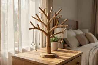Arbre à bijoux en bois artisanal posé sur une commode en chêne clair avec colliers et bracelets suspendus