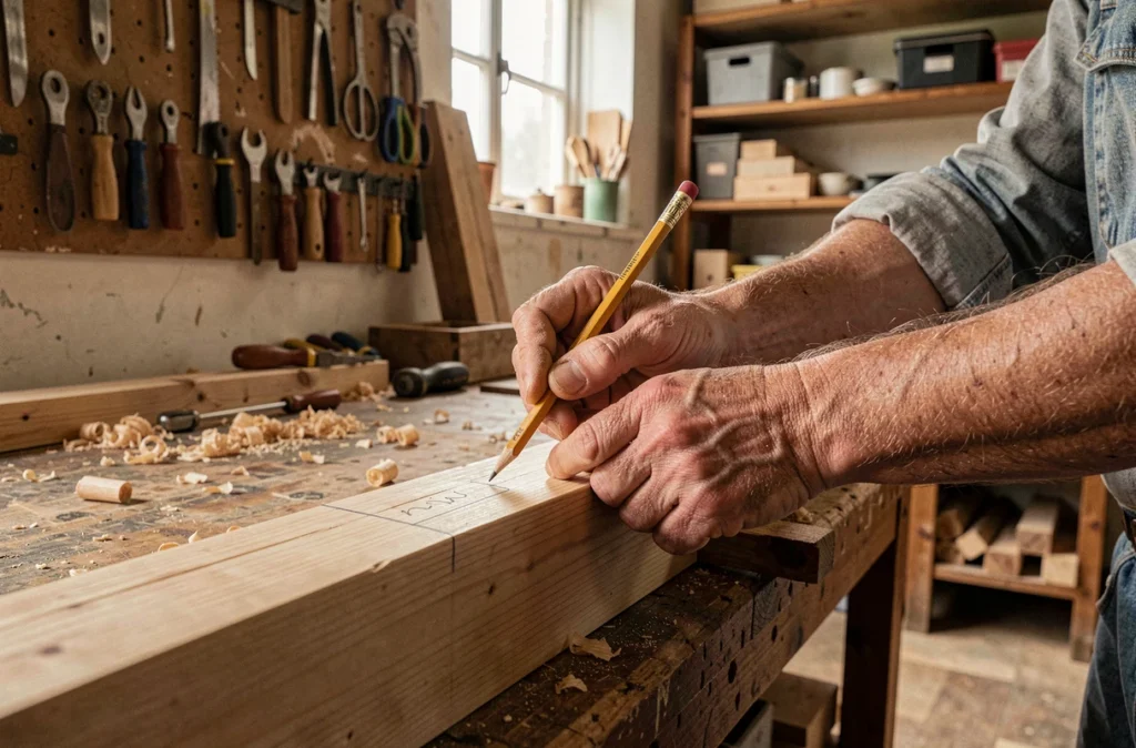Mains d'un artisan charpentier mesurant une poutre en bois dans un atelier traditionnel, représentant le savoir-faire artisanal local