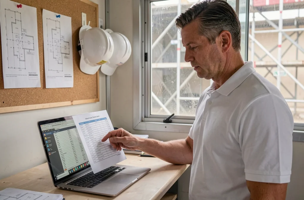 Artisan professionnel examinant un devis détaillé dans un bureau de chantier avec un ordinateur portable affichant les coûts
