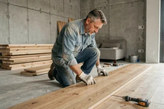 Artisan local installant un parquet en bois dans un appartement en cours de rénovation, illustrant le savoir-faire des professionnels du bâtiment