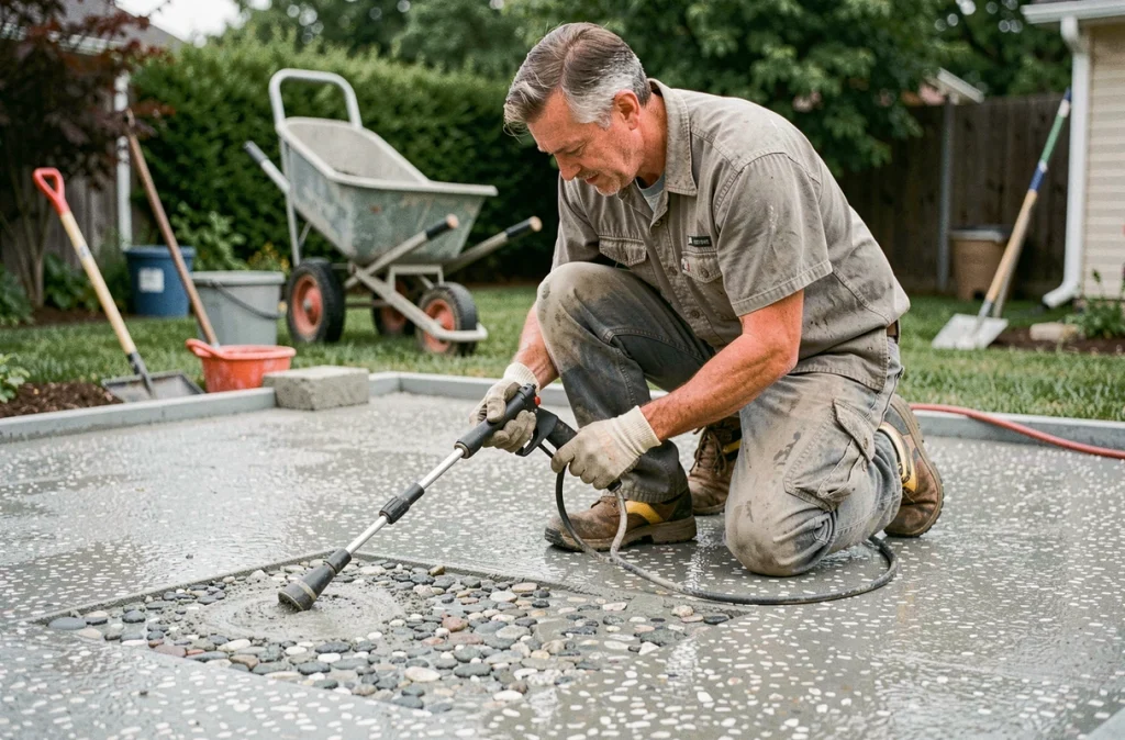 Artisan en train de réaliser un béton désactivé en lavant la surface pour révéler les gravillons
