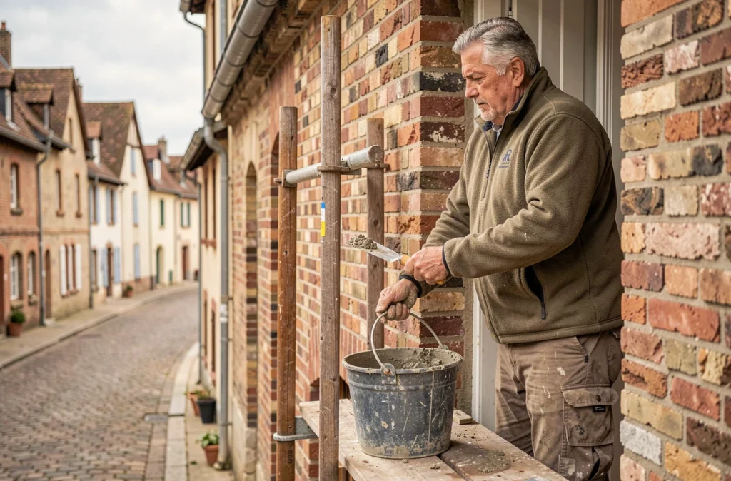 Artisan expérimenté de Bernard rejointoyant la façade en brique d'une maison historique à Provins