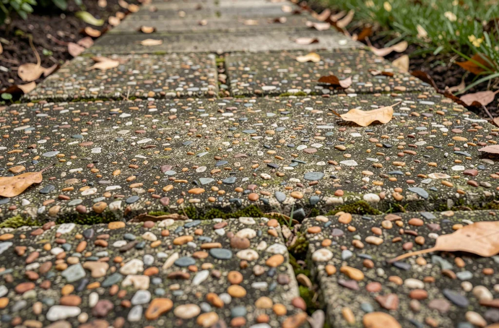 Béton désactivé vieilli avec usure naturelle et légère végétation dans les joints, vue rapprochée