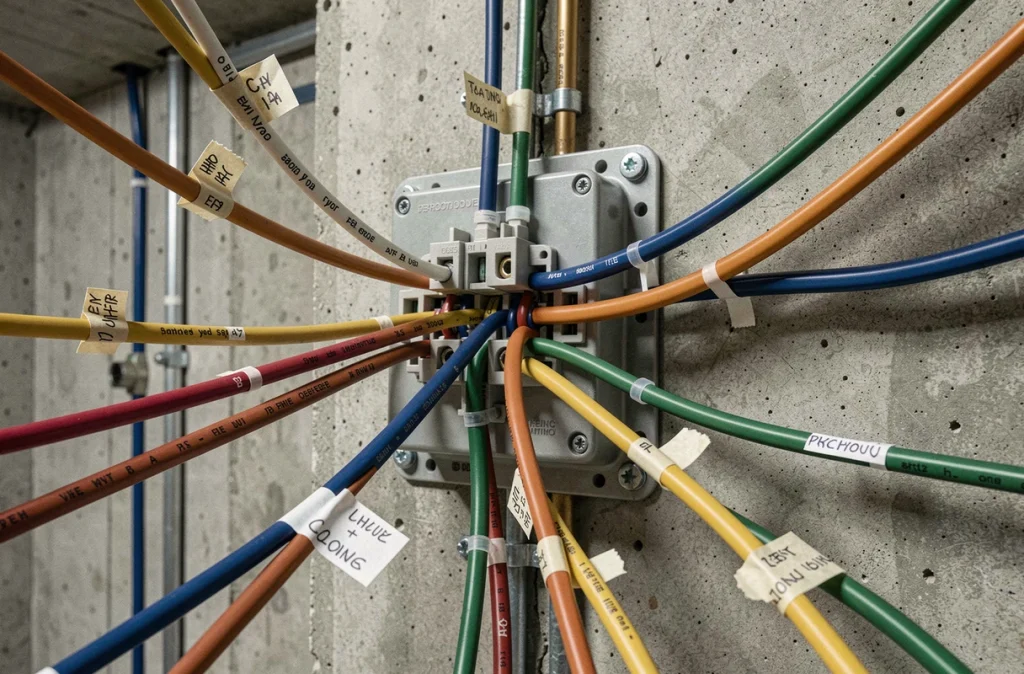 Gros plan d'un tableau de répartition électrique araignée avec câbles rayonnants vers différentes pièces