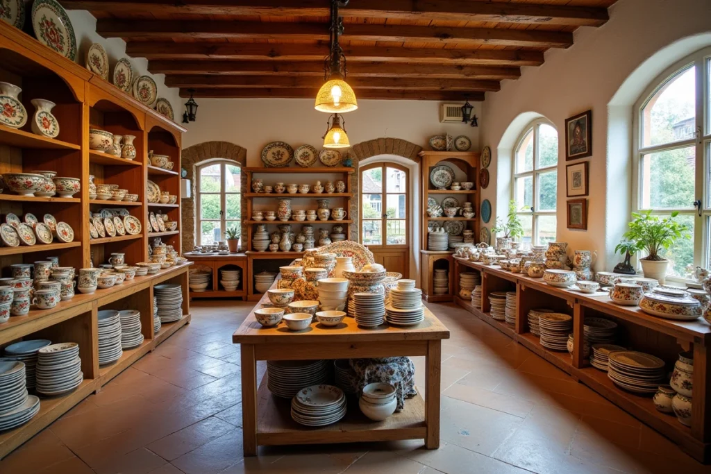 Boutique de la Poterie Beck à Soufflenheim avec des étagères en bois garnies de céramiques alsaciennes peintes à la main aux motifs floraux traditionnels