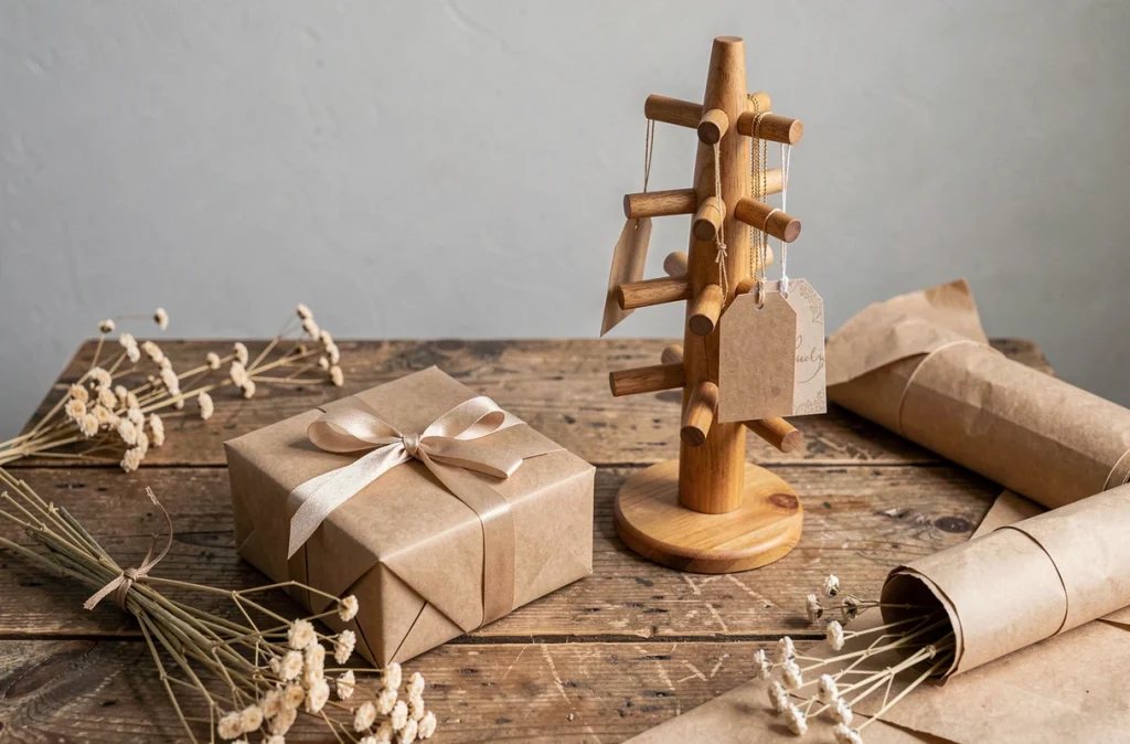 Arbre à bijoux en bois déballé comme cadeau sur une table rustique avec papier kraft et fleurs séchées