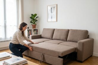 Canapé d'angle convertible taupe déplié dans un salon parisien compact avec parquet clair et décoration minimaliste