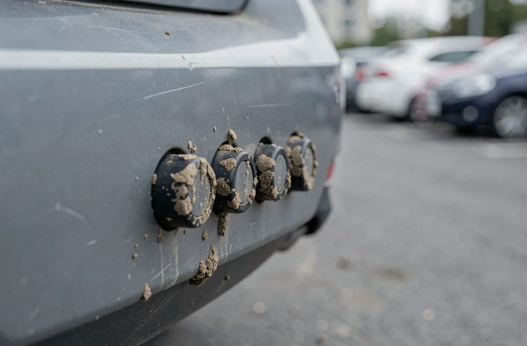 Gros plan sur quatre capteurs de parking Angeleye sur un pare-chocs gris, l'un encrassé par de la boue séchée illustrant l'importance d'un entretien régulier