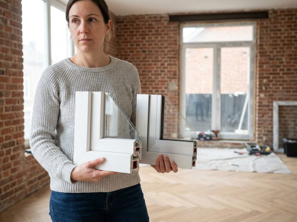 Femme comparant des échantillons de fenêtres PVC et aluminium pour une rénovation à Dunkerque