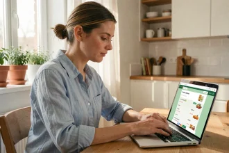 Femme commandant ses courses en ligne sur un ordinateur portable dans une cuisine moderne