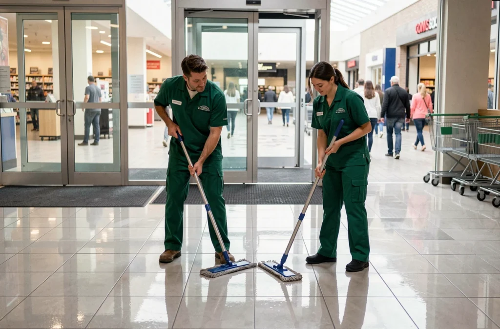 Deux agents d'entretien comparant des balais lave-sols à tête large à l'entrée d'un hypermarché