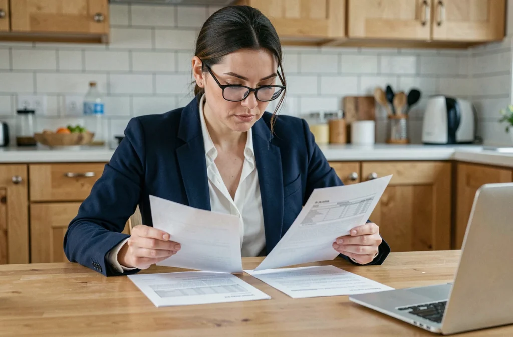 Femme comparant deux devis de rénovation sur une table de cuisine, repérant les clauses cachées avec attention