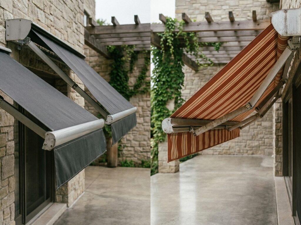 Comparaison store banne avec coffre et sans coffre sur facade maison contemporaine