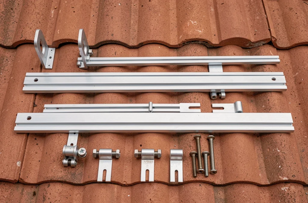 Composants d'un kit de fixation solaire sur tuiles disposés à plat, incluant crochets, rails aluminium et pinces de serrage