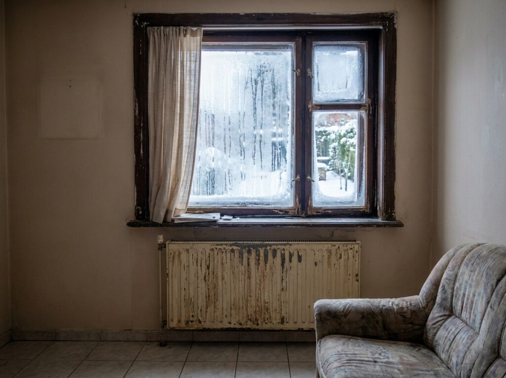 Condensation et givre sur une vieille fenêtre en bois à l'intérieur d'un salon en hiver, illustrant les déperditions thermiques liées à des menuiseries vétustes