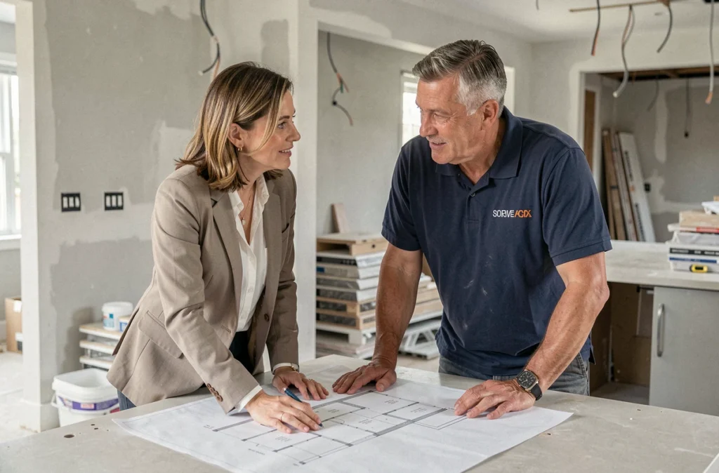 Client et entrepreneur de Dolum Habitat en discussion sur des plans de rénovation dans une cuisine en travaux, symbolisant le conseil professionnel