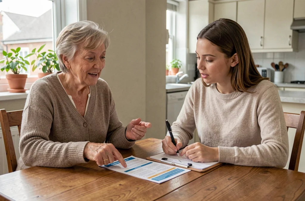 Cliente et prestataire de ménage discutant des options de service à domicile autour d'une table