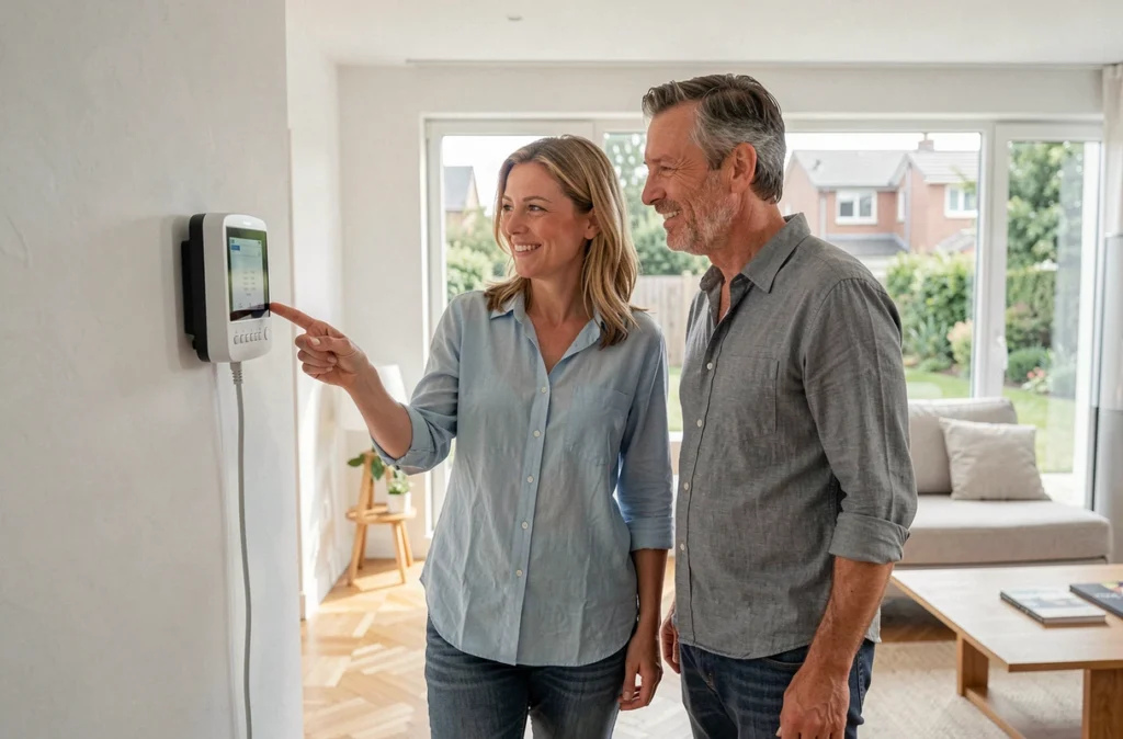 Couple réglant le thermostat numérique de leur pompe à chaleur dans un salon moderne