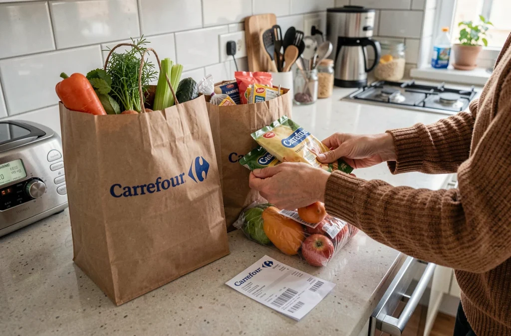 Déballage de courses livrées à domicile par Carrefour sur un comptoir de cuisine