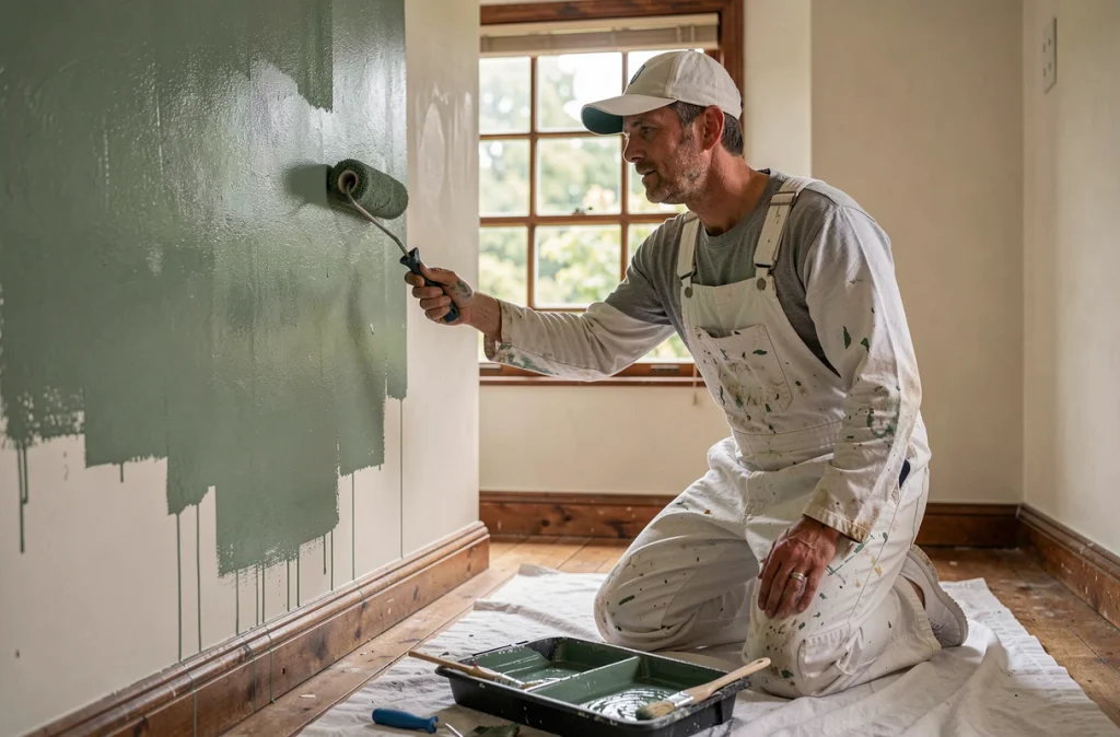 Peintre de Decorenove77 appliquant une peinture verte sur un mur dans une maison de campagne rénovée