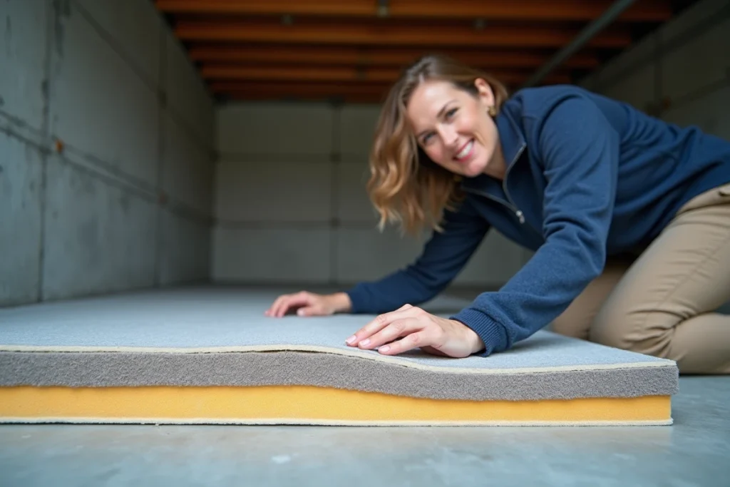 Détail en coupe d'une moquette isolante thermique multicouche avec sous-couche en mousse et membrane thermique réfléchissante
