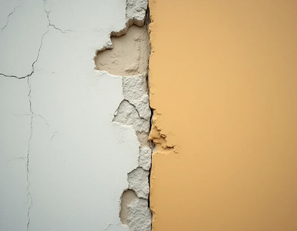 Détail de façade montrant le contraste entre un ancien enduit dégradé et un nouveau ravalement isolant posé en rénovation