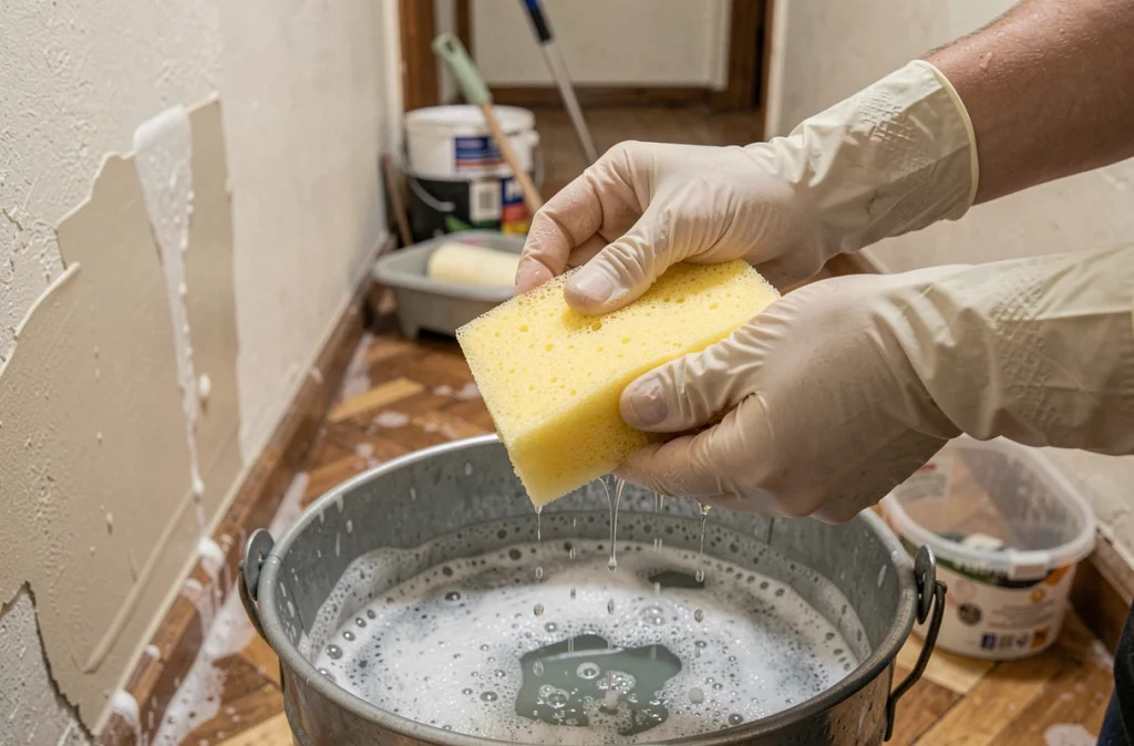 Gros plan sur des mains gantées essorant une éponge dans un seau lors du lessivage d'un mur avant peinture