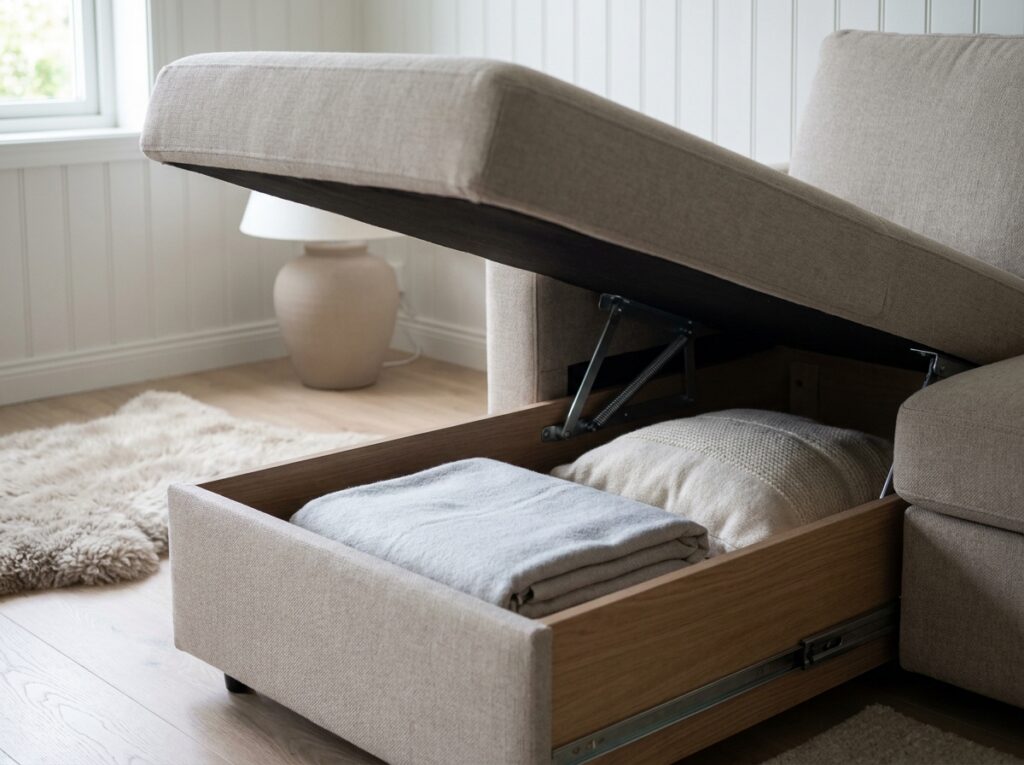 Détail du compartiment de rangement et mécanisme de conversion d'un canapé d'angle beige dans un salon style nordique