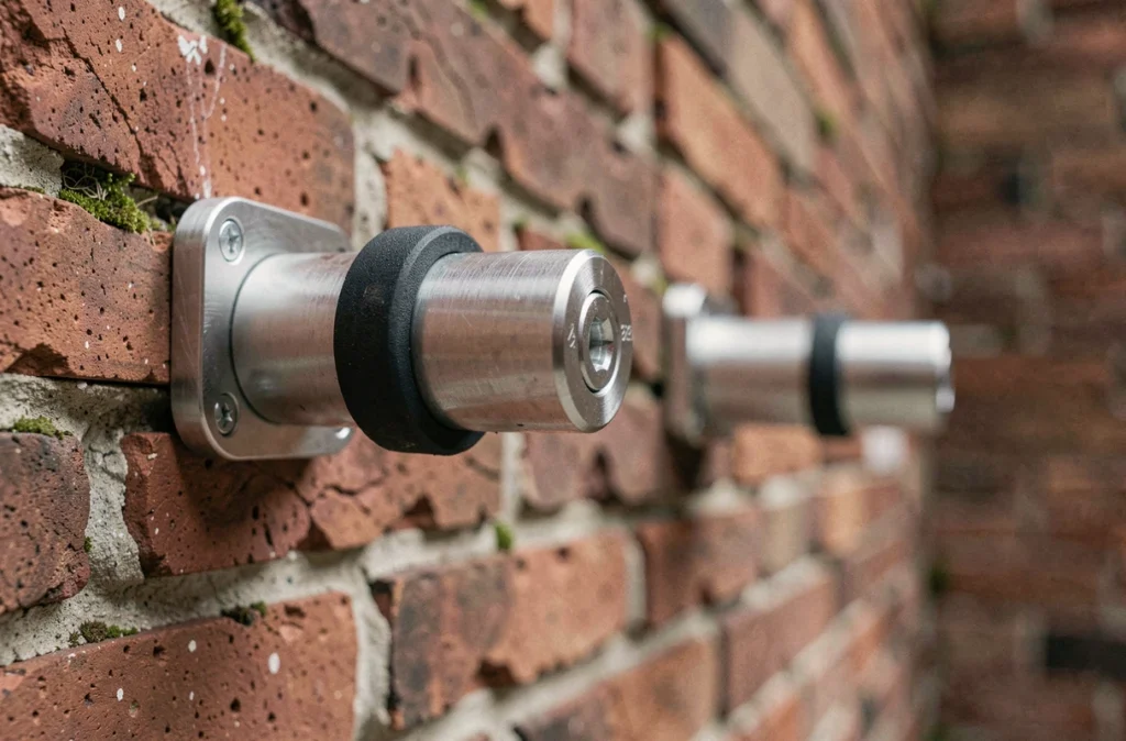 Gros plan sur les bras réglables d'un support mural antivibration pour pompe à chaleur fixé sur un mur en briques