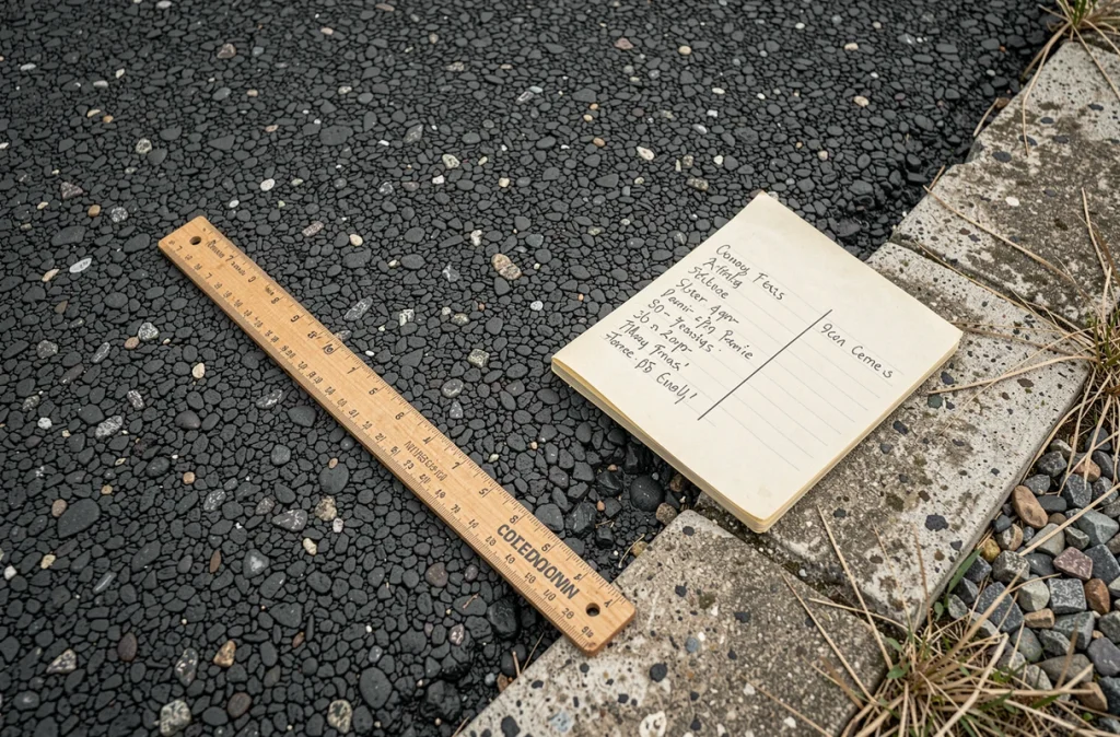 Détail de surface en enrobé bitumineux avec règle et devis manuscrit pour calcul du coût au m2