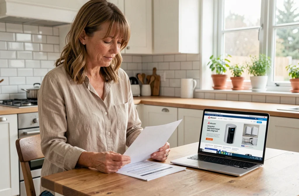 Femme consultant un devis pour une pompe à chaleur Mitsubishi dans une cuisine moderne avec un ordinateur portable