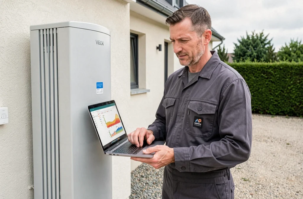 Technicien d'EDP affichant des données énergétiques à côté d'une pompe à chaleur