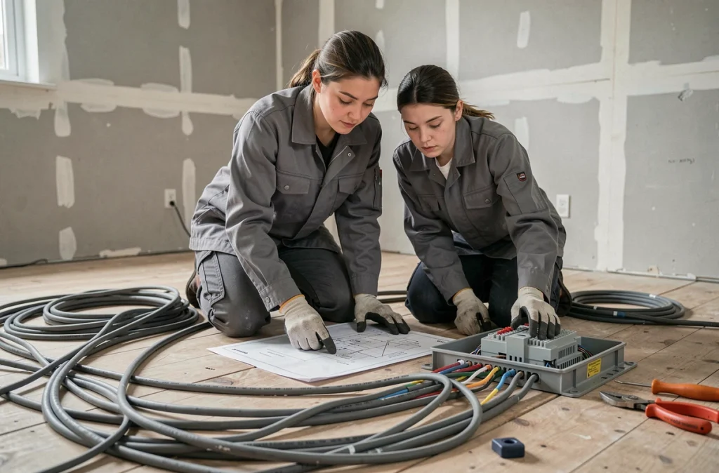 Électricienne consultant un schéma de câblage pour planifier l'installation d'un réseau électrique en araignée