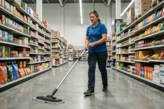 Employée de grande surface utilisant un balai lave-sols professionnel à large tête dans une allée de supermarché