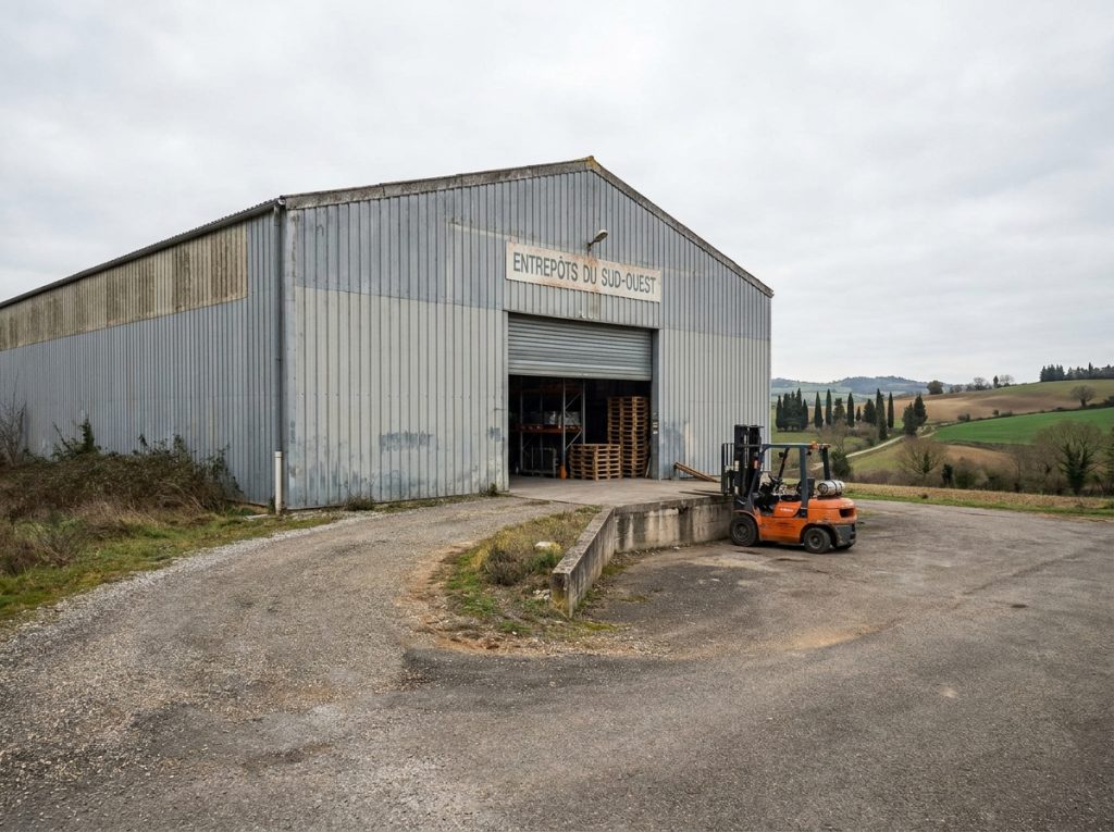 Entrepôt industriel avec quai de chargement et rayonnages visibles depuis l'extérieur dans le Sud-Ouest de la France