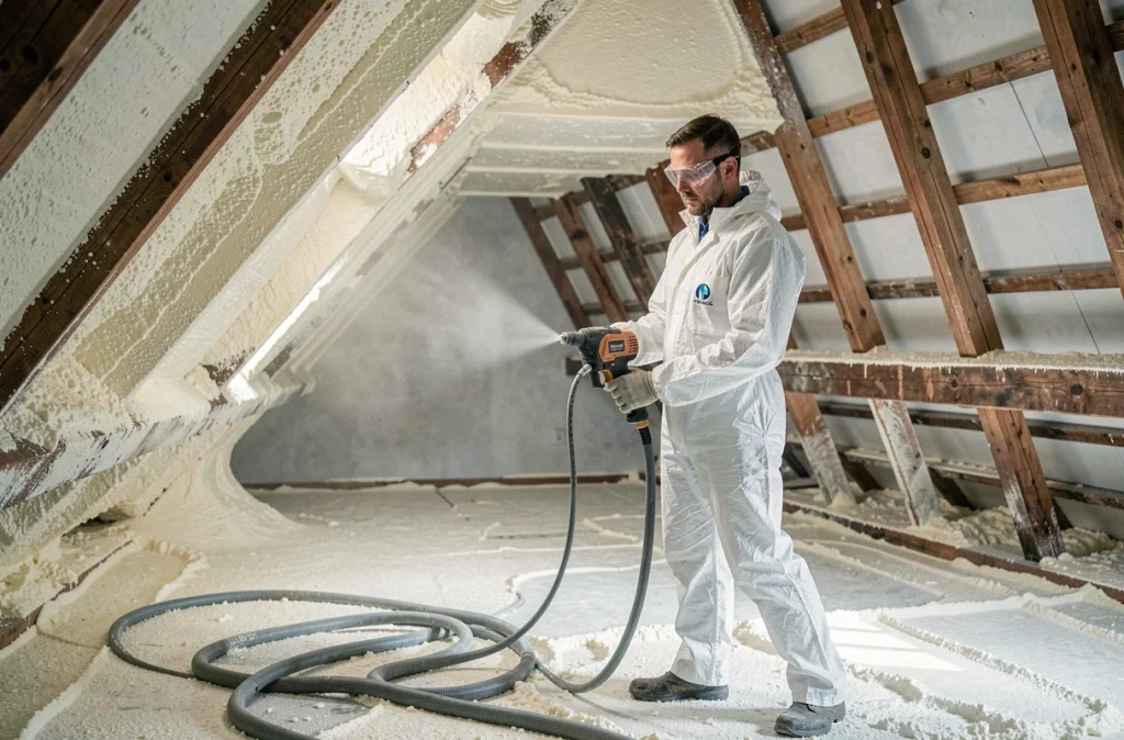 Technicien d'Entreprise Isolation Coulommiers projetant de la mousse isolante dans les combles d'une maison