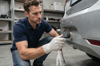 Technicien inspectant et nettoyant un détecteur de stationnement Angeleye monté sur un pare-chocs de voiture argentée dans un garage privé