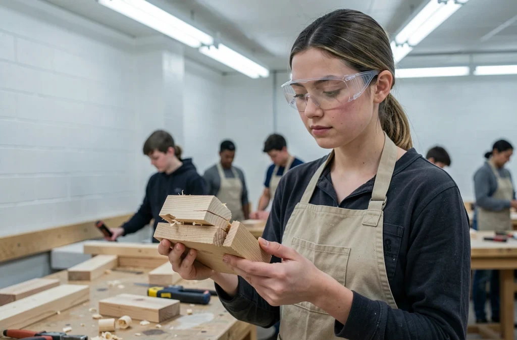 Étudiante en menuiserie analysant un tenon mortaise cassé pour comprendre les contraintes mécaniques