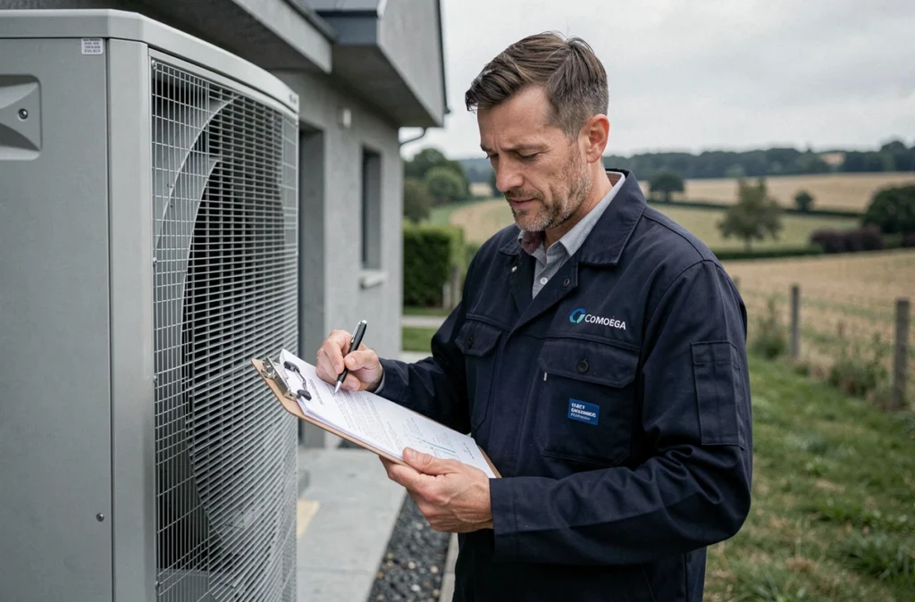 Spécialiste de EURL CEC3 ENERGETIQUE avec documentation devant une pompe à chaleur