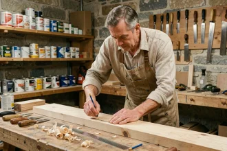 Artisan menuisier mesurant une planche de bois de chêne brut pour fabriquer des volets en bois maison dans son atelier
