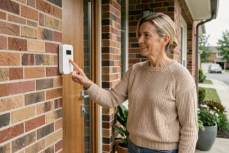 Femme activant un système d'alarme connecté sur la façade d'une maison pavillonnaire sécurisée