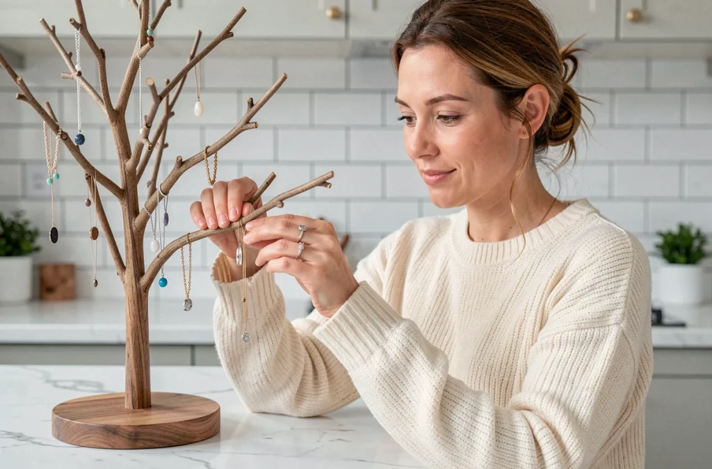 Femme posant une bague sur un arbre à bijoux en bois posé sur un plan de travail en marbre